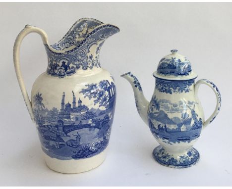 A Weiss Brothers blue and white wash jug, with Eastern palace design, 26cmH; together with a ceramic coffee pot with continen