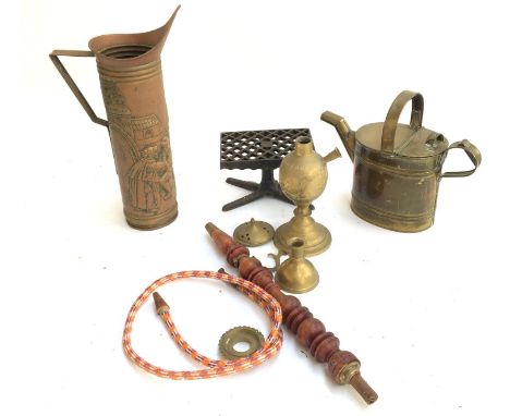 A mixed lot to include a hookah pipe; copper jug; adjustable trivet and a small brass watering can and a small folding table 