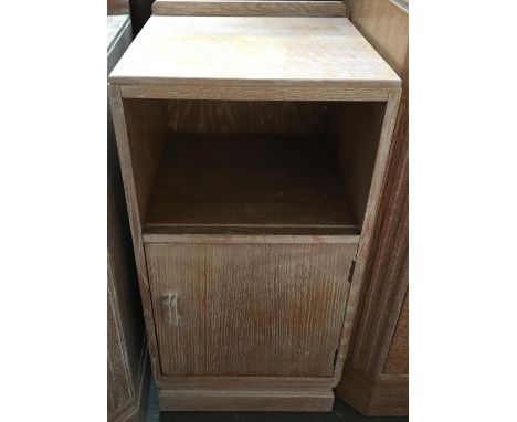 A limed oak bedside cabinet, shelf above cupboard door, 35x68cmH; together with a small oak refectory style drop leaf table, 