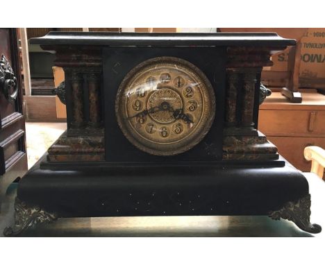 A mock-marble wooden mantel clock, with ormolu mounts, electric movement, 29cmH 
