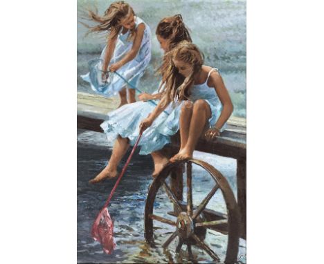 Sherree Valentine Daines (b.1956), girls fishing, textured print on board, numbered 41/95 lower right, initialled SEVD, 55x36
