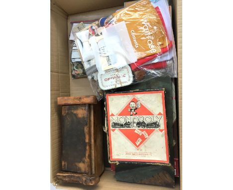 A mixed box to include various buttons and sewing accessories; a naive painting on board; a teak tea caddy; a vintage monopol