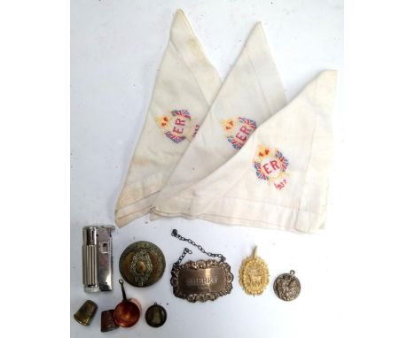 Three handkerchiefs 1937 commemorating Edward VIII Coronation, silver sherry label, a Bopa Extra Austrian lighter, pendant wi