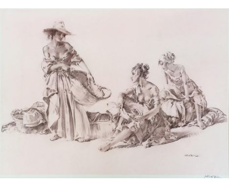After William Russell Flint (British, 1880-1969), group of idlers, print, signed in pencil lower right, 50x69cm 