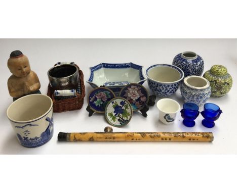 A mixed lot of Oriental ceramics and other items, to include a resin and white metal opium pipe, several ginger jars etc 
