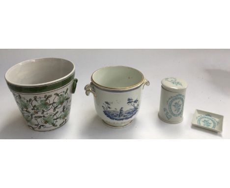 Two ceramic planters, together with a lidded jar and pin dish 