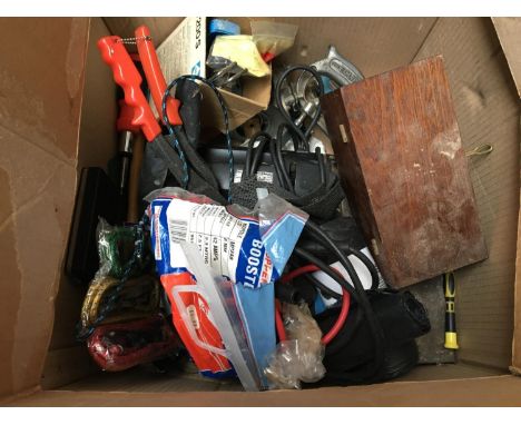 A mixed box of tools to include; drill; hacksaw; jump leads etc 