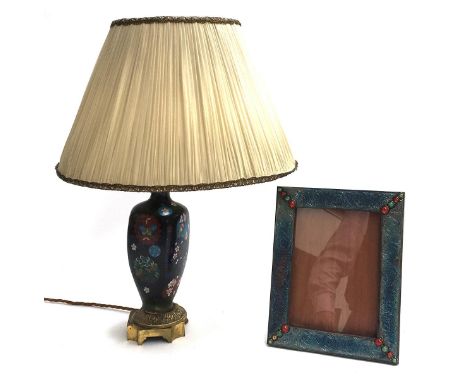 An Oriental cloisonne enamel table lamp on brass base, signed; together with a decorative photo frame 