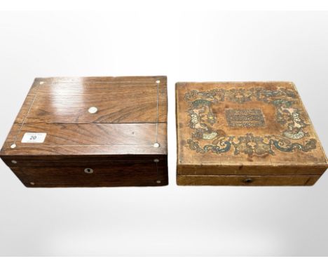 A Victorian rosewood jewellery box inlaid with mother of pearl, together with a leather embossed writing box.