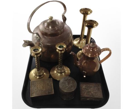A 19th-century copper kettle, together with two pairs of brass candlesticks, oriental trinket box, etc.