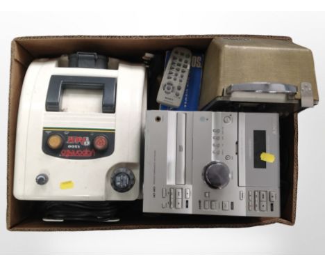 A Sony Hi-Fi, Vaporetto steam cleaner, Aldis projector, and a Photax colour viewer. (1 box)