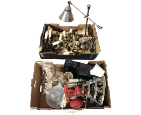 A quantity of pendant light fittings, brass lamp bases and wall sconces, adjustable desk lamp, etc. (continental plugs). (2 b