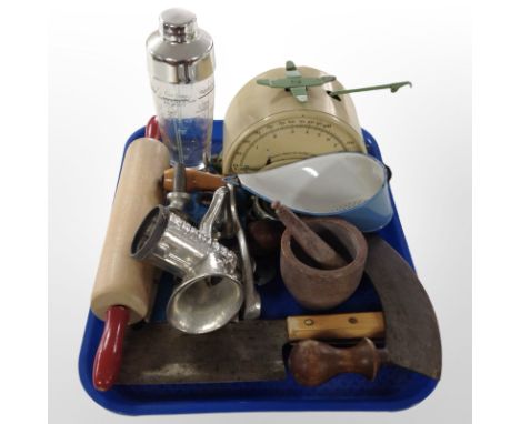 A group of kitchenalia including Danish enamelled scales, Swedish mincer, butcher's cleaver, cocktail shaker, pestle and mort