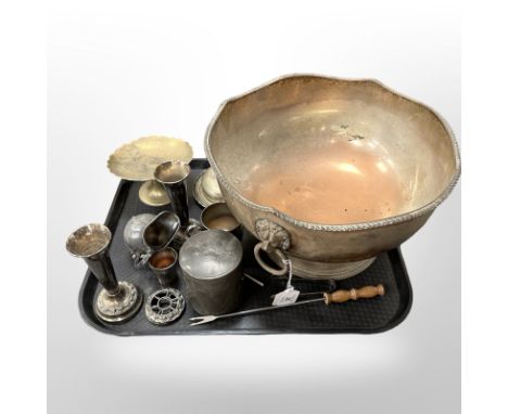 A tray of silver plate on copper punchbowl, together with various other silver-plated and brass items, oriental caddy, etc.
