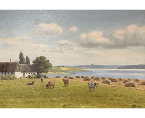 K Drews : Cattle by a river estuary, oil on canvas, 69cm x 47cm.