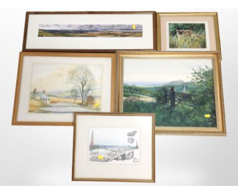A group of pictures and prints including an oil on canvas landscape by M Scott Gleghorn, Daphne Harrison signed colour print,
