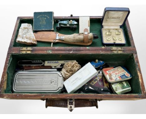 An antique wooden box 18ct rolled gold cufflinks and studs, Rostfrel deer foot-handled knife, crystal pieces, Rolls Razor, et