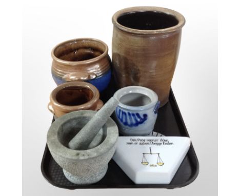 A group of continental earthenware pots, pestle and mortar, Danish ceramic wall pocket.