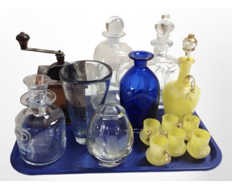 A group of Scandinavian glass decanters, a coffee grinder, etc.