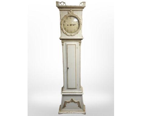 A 19th-century Scandinavian painted and gilt longcase clock (hood as found), height 208cm.