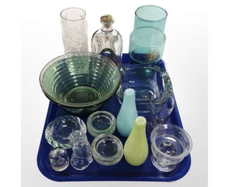A group of Scandinavian glass wares including Holmegaard decanter, vases, paperweights, bowls, etc.