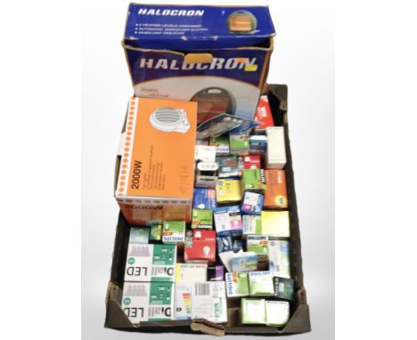 A quantity of light bulbs, 2000 watt fan heater, a further heater. (1 box)