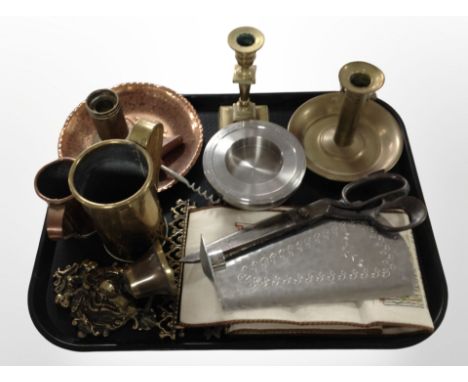 A group of brass candlesticks and other metal wares including pair of tailor's scissors, stainless steel wall candle sconce, 