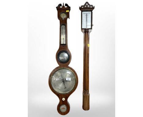 An inlaid mahogany banjo barometer with silvered dial, together with a further Danish stick barometer.