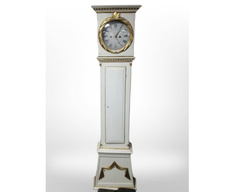 A 19th-century Scandinavian painted and gilt longcase clock, with pendulum and weights, height 198cm.
