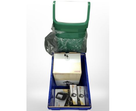 A Good Home wall light in box, together with three further LED lights, a group of plastic bins with swing lids. (1 box)