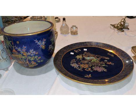 A Carltonware large china planter, decorated in the Persian style on powder blue ground, height 20 cm; a similar circular wal