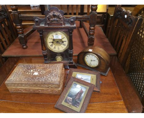 An Edwardian mantel clock with strike; a 1930's oak cased mantel clock; 2 miniature pictures; an Eastern carved jewellery box