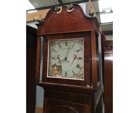An early 19th century inlaid mahogany longcase clock by John Holt, Rochdale, with swan neck pediment and brass finials, squar