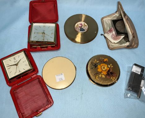 A selection of compacts; a Dunhill engine turned cigarette lighter; a silver cigar piercer; a purse with old coins; etc. 