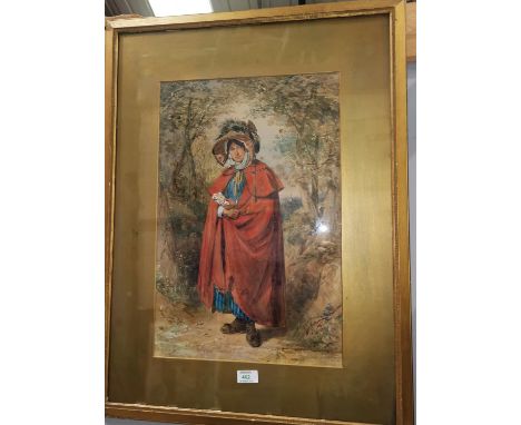F W Topham:  Young woman in a red cloak holding a hand of cards, watercolour, signed, 54 x 35 cm, framed and glazed 