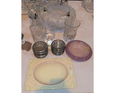 A 1920's spatter glass light bowl; a selection of glassware; a Clarice Cliff rectangular plate 