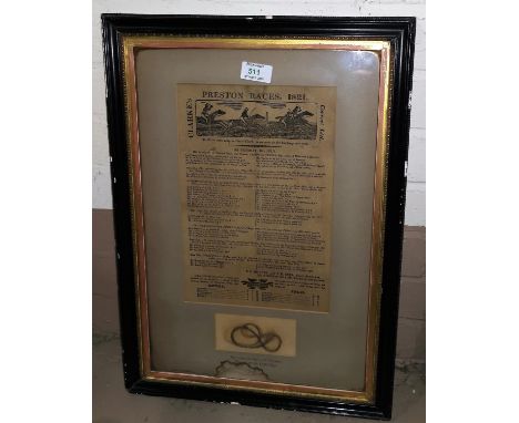 A framed print:  "Preston Races 1821", together with hair from the winner's tail "Dr Syntax" 