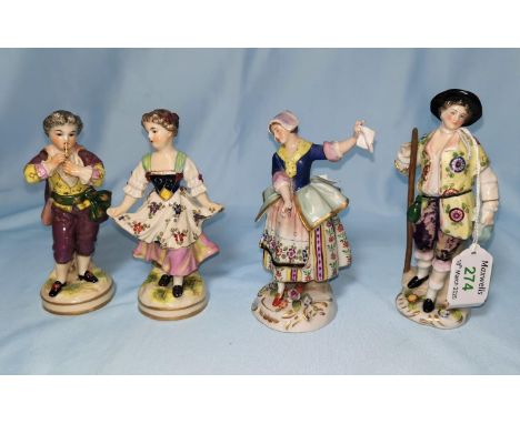 A pair  of 19th century Capodimonte figures in 18th century dress: woman dancing and man with stick, 15cm (woman finger a.f.)