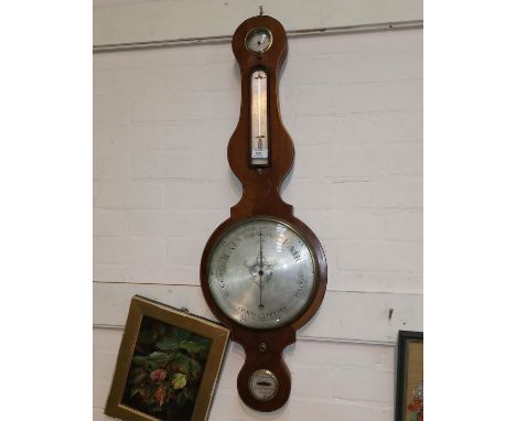A mercury column barometer in inlaid banjo case with brushed metal dials, by Somalvico, Hatton Garden 