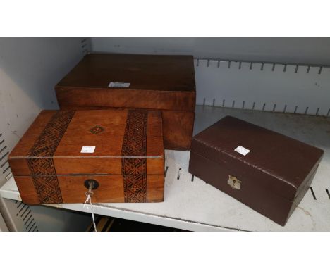 A walnut writing box; another wooden box; a jewellery box; a crystal light fitting 