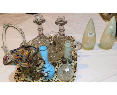 A pair of Art Nouveau Vaseline glass light shades of elongated form; other glassware 