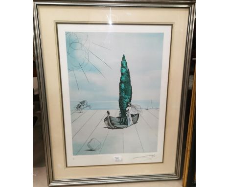 Salvador Dali:  lithograph, surrealist image with boat and female figure, tones of blue/green, signed in pencil, No 210 of 30