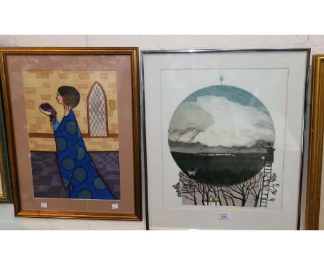 Barbara Robertson: colour print "Making It Rain", signed and dated '91, 4 x 34 cm, framed; a 19th century chromo of a lily; a