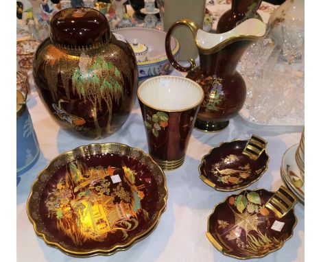 Seven pieces of Carltonware Rouge Royale:  a large ginger jar, 28 cm; a jug, 24 cm; a vase; 2 pairs of dishes 