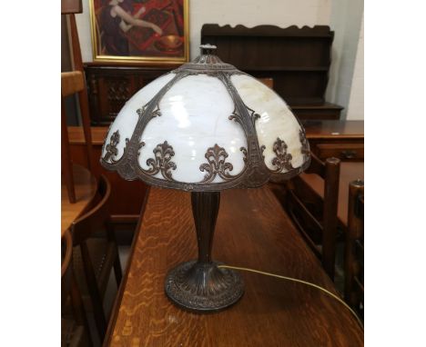 A mid 20th century Tiffany style bronzed table lamp with marbled mushroom shade, height 57 cm 