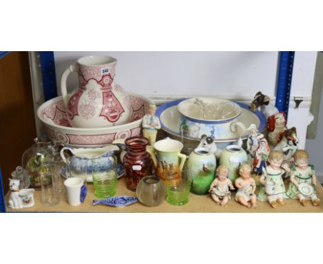A pink &amp; white floral decorated toilet jug &amp; basin; another toilet jug &amp; a similar chamber pot; &amp; various oth