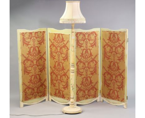A floral-painted wooden standard lamp on a circular stepped base, with shade; &amp; a cream painted wooden frame four-fold dr