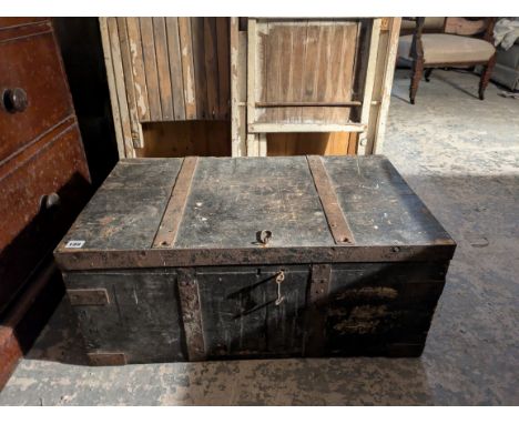 A black painted &amp; iron-bound deal tool chest with a hinged lift-lid, 77cm wide; together with various tools, &amp; a pair