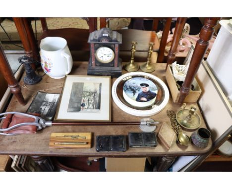 A 19th century mantel clock in a black slate &amp; marble case, 29.5cm high; together with five decorative pictures; various 
