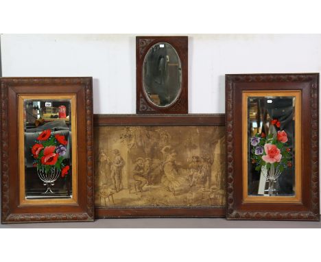 A pair of carved oak frame rectangular wall mirrors each with a coloured vase-of-flowers design to the rectangular bevelled p